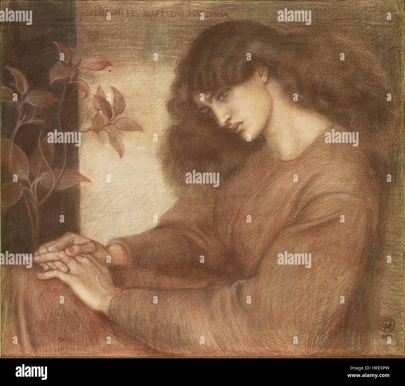 "La Pia de Tolomei" di Dante Gabriel Rossetti usa il gesso per ritrarre una figura tragica della "Divina Commedia" di Dante. Rossetti cattura l'espressione dolorosa di Pia, una donna ingiustamente imprigionata dal marito. Il mezzo gesso esalta l'intensità emotiva e le delicate caratteristiche di Pia, incarnando temi di tradimento e amore perduto. Foto Stock