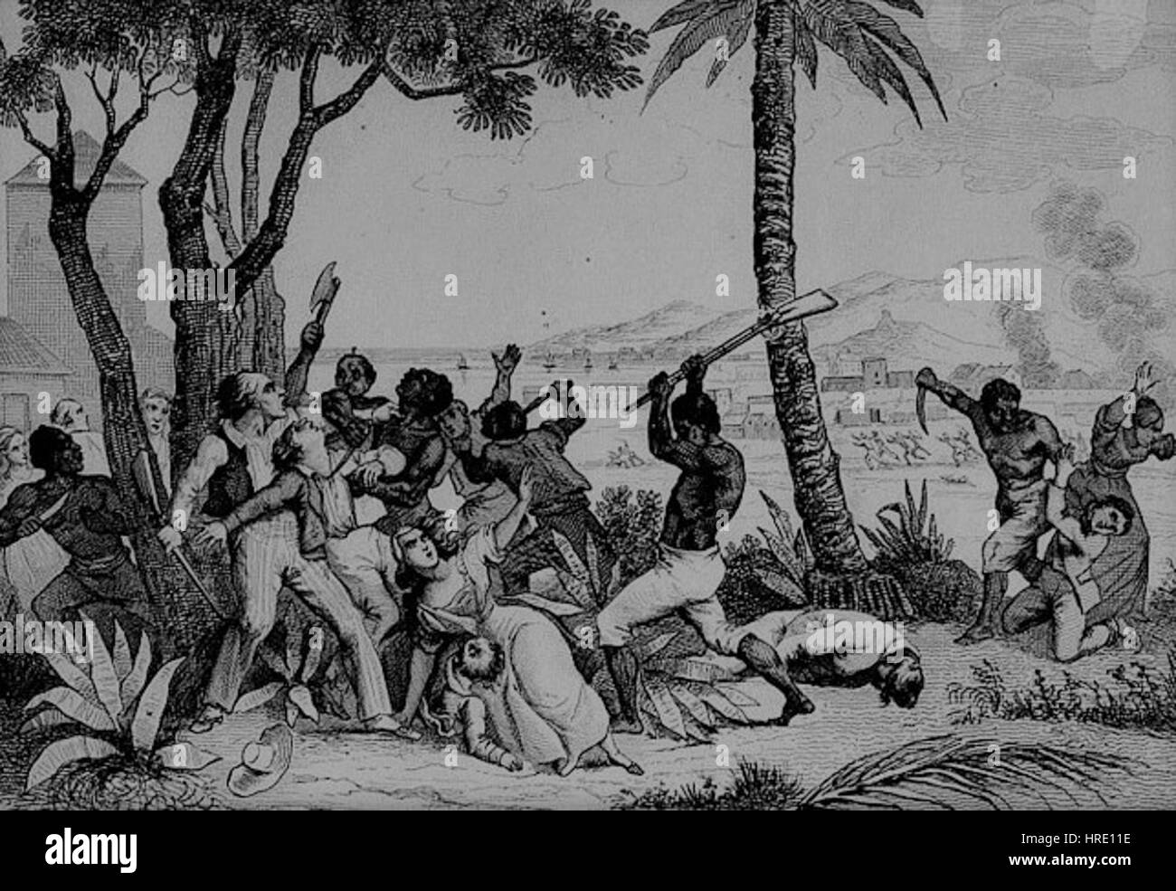 Incendio nella piantagione e di massacro di bianchi Foto Stock