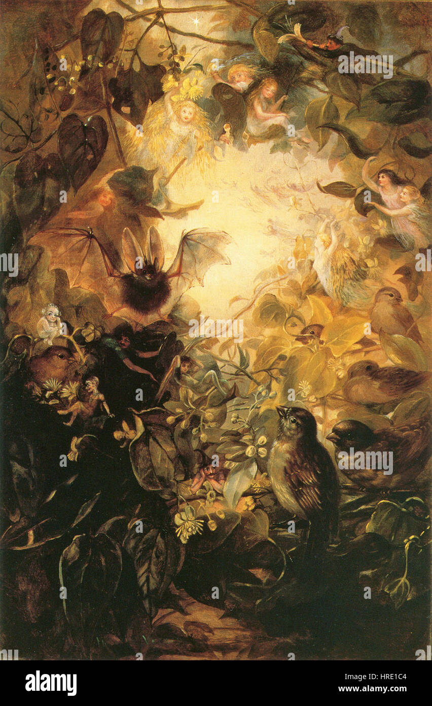 "The Fairy Haunt" di Vernon cattura una scena magica di creature eteree in un ambiente boscoso. Il dipinto evoca un senso di fantasia e fantasia, con un'enfasi sull'ambiente mistico e sulle fate che lo abitano. Foto Stock