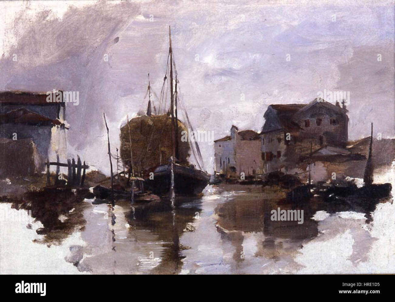 Il porto di Chioggia di Frank Duveneck è una rappresentazione espressiva del porto di Chioggia in Italia. Il dipinto mostra l'uso caratteristico di Duveneck di pennellate e luce audaci per catturare l'essenza della scena e la vivace energia del porto. Foto Stock
