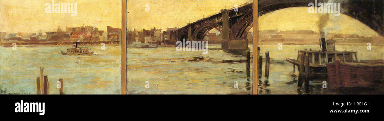 "A View of St. Louis" di Paul Cornoyer è un dipinto trittico che cattura splendidamente il paesaggio urbano di St. Louis, offrendo una vista panoramica sulle strade, l'architettura e la vivace vita cittadina della città. Foto Stock