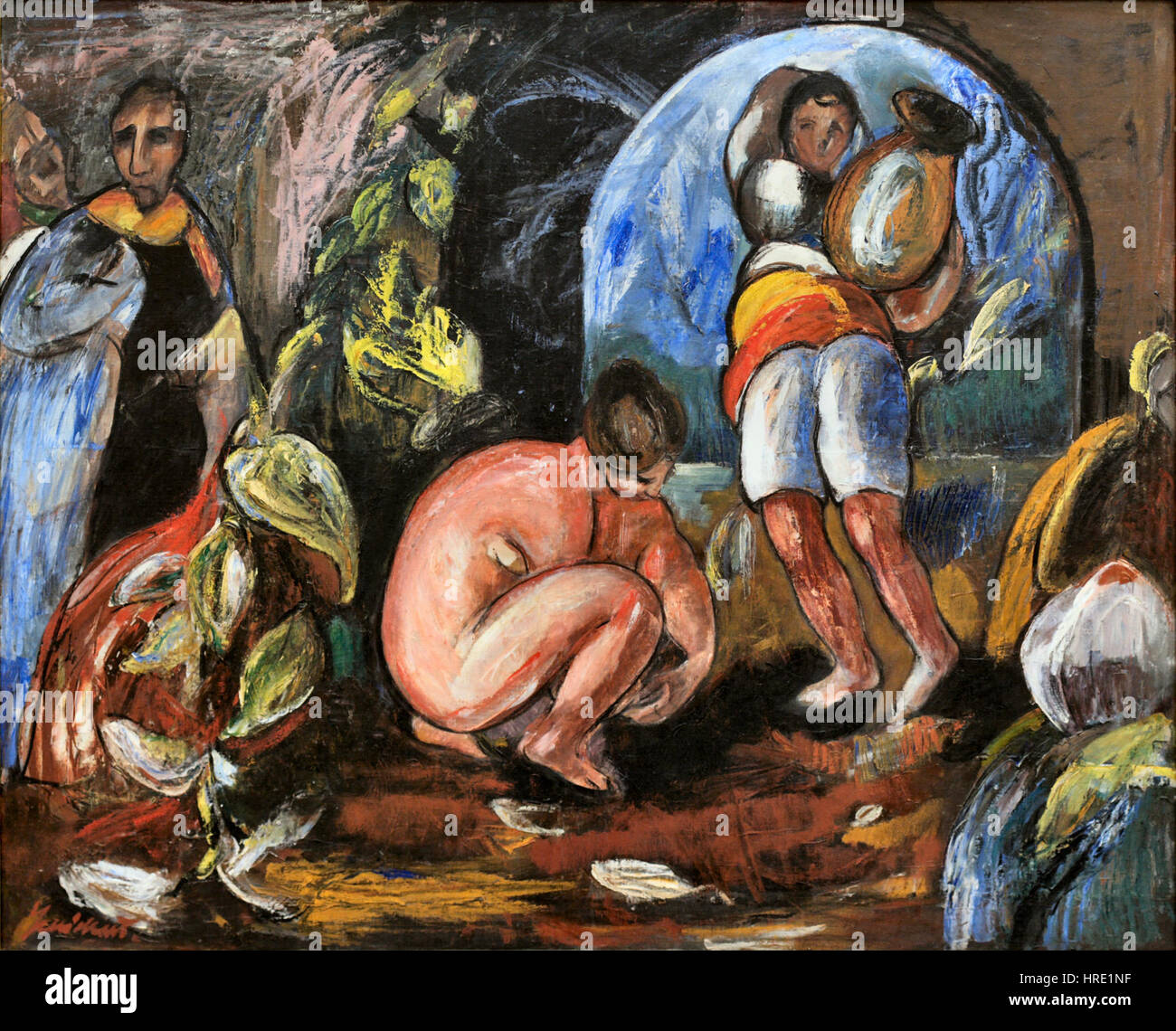 Susanne i badet (Susanna e gli anziani) è un tema biblico classico spesso raffigurato nell'arte. La storia, derivata dal Libro di Daniele, ritrae Susanna che viene molestata da due anziani mentre fa il bagno. L'opera d'arte cattura il momento della sua angoscia, evidenziando temi di innocenza, virtù e le sfide di mantenere l'onore di fronte alla tentazione. Foto Stock