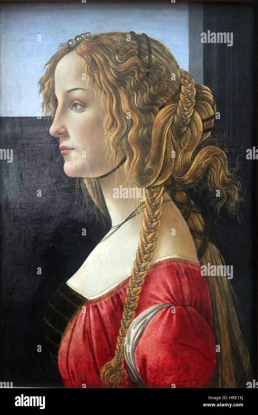 Questo ritratto di profilo di una giovane donna, attribuito a Sandro Botticelli, esemplifica il suo stile distintivo di linee delicate e aggraziate proporzioni. Il dipinto mette in risalto la bellezza e l'eleganza del soggetto, tipico della ritrattistica rinascimentale. Foto Stock