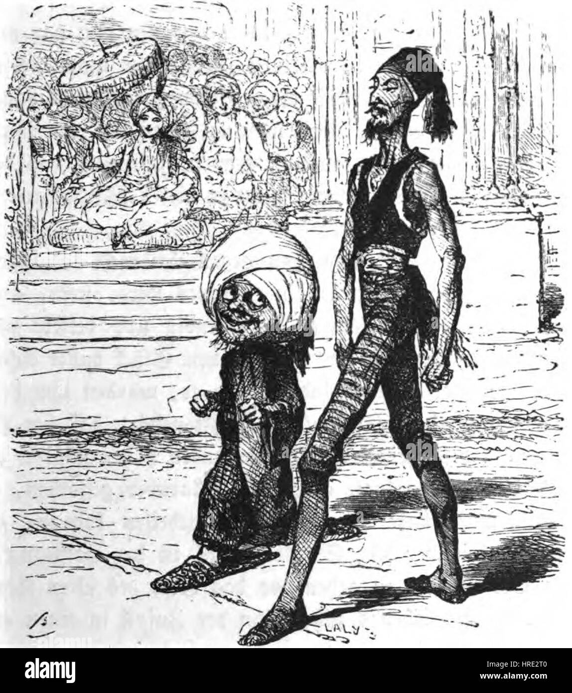 "Mucks Wettlauf" di Bertall è un'illustrazione umoristica e stravagante che raffigura una razza tra due personaggi, usando espressioni esagerate e movimenti dinamici. L'opera mostra il talento di Bertall per la caricatura e l'umorismo satirico. Foto Stock