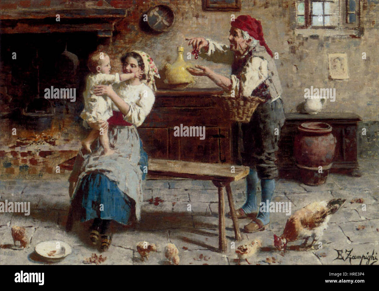 "Cherries for Baby" di Eugenio Zampighi è un affascinante dipinto di genere che cattura un momento di tenerezza e affetto. La scena mostra un bambino in cerca di ciliegie, con il caratteristico focus di Zampighi sulla vita quotidiana e sul legame umano, presentato in colori morbidi e naturalistici. Foto Stock