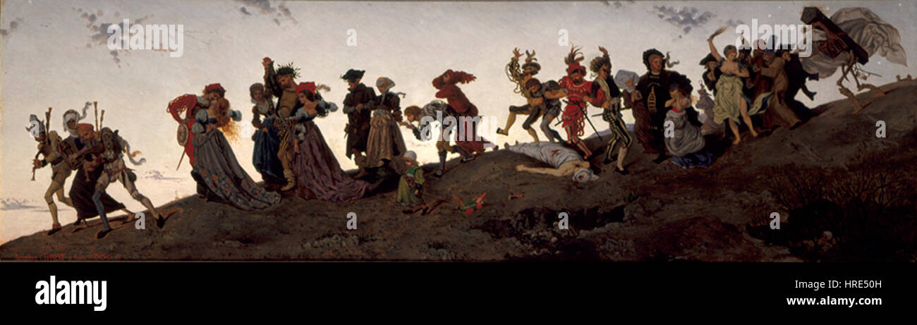 La danza della morte di James Tissot raffigura una rappresentazione macabra e simbolica della natura fugace della vita. Questo lavoro attinge alle immagini medievali, dove la morte è personificata come una figura scheletrica che danzava con varie persone. Foto Stock