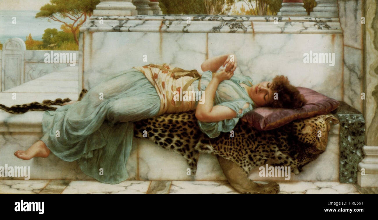 The Betrothed (1892) di John William Godward è un dipinto classico che ritrae una giovane coppia in un momento intimo e sereno. L'opera riflette la maestria di Godward nel catturare la bellezza idealizzata, impiegando dettagli raffinati e luci soffuse tipiche dello stile neoclassico della fine del XIX secolo. Foto Stock