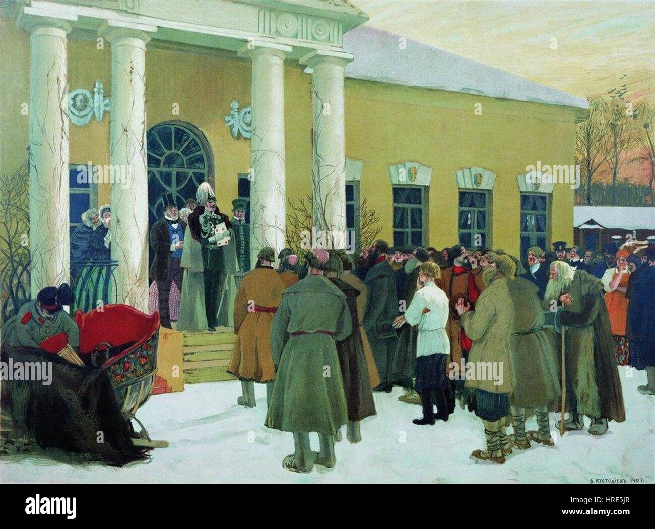 "Liberazione dei contadini" di Boris Kustodiev, dipinto nel 1907, riflette i cambiamenti sociali e politici del tempo. L'opera raffigura il rilascio dei contadini dalla loro servitù, celebrando una nuova era di libertà e giustizia sociale. Foto Stock