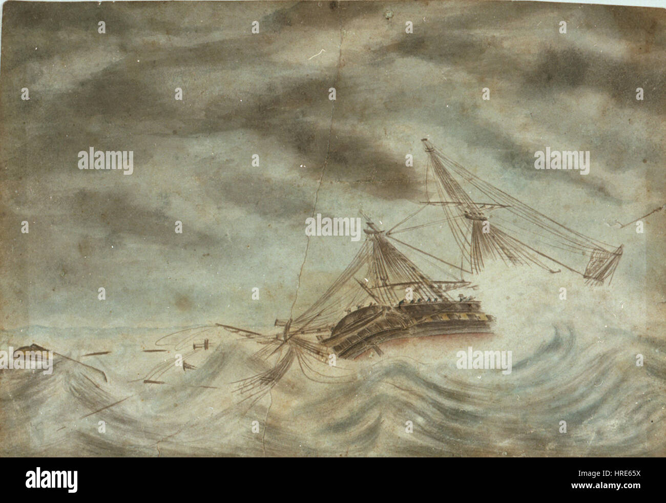 La HMS Thisbe, una nave della Royal Navy britannica del XVIII secolo, fu colpita da un violento uragano nel 1783. La tempesta danneggiò gravemente la nave mentre era di stanza nei Caraibi, causando perdite significative e compromettendo la sua missione. L'uragano è un evento chiave nella storia navale, che mette in evidenza i pericoli affrontati dalle navi durante quell'epoca. Foto Stock