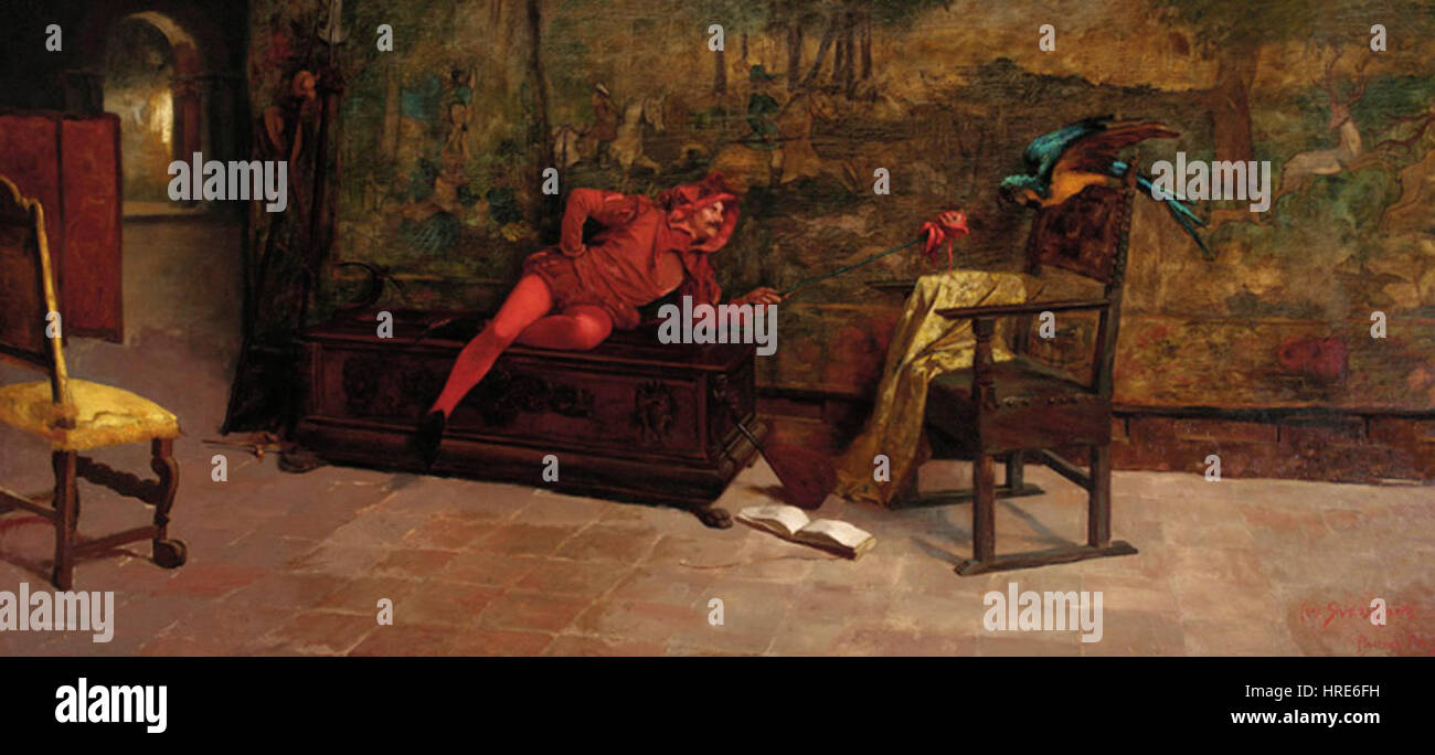 "A Fool's Fool" di Thomas Shields Clarke ritrae una scena umoristica e satirica. Il dipinto raffigura una figura comica in una posa esagerata, attirando l'attenzione sulla follia umana e sulla vanità, caratteristica dell'approccio spiritoso di Clarke alla ritrattistica. Foto Stock