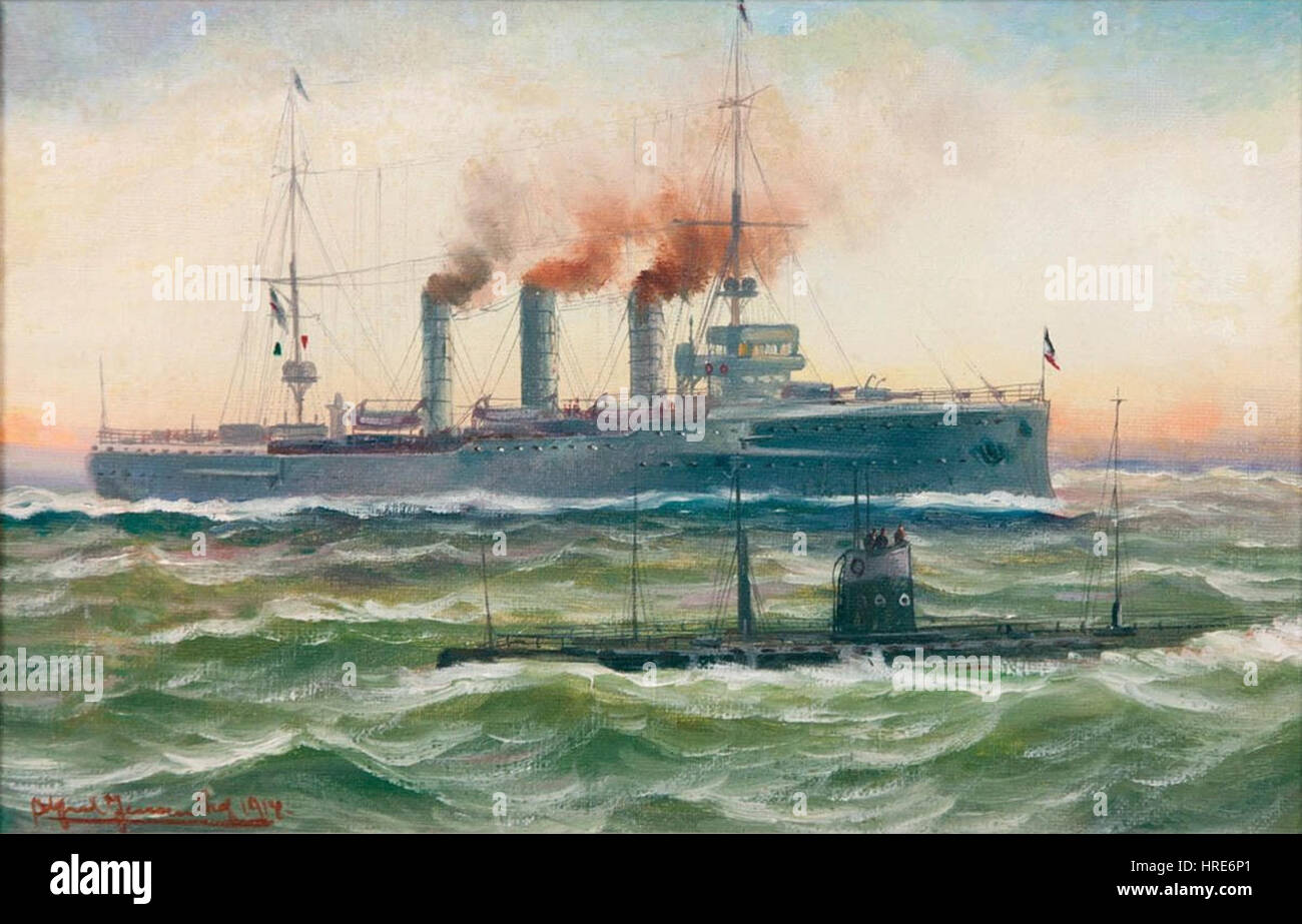 Alfred Jensen Kriegsschiff und U-Boot auf Vedere 1914 Foto Stock