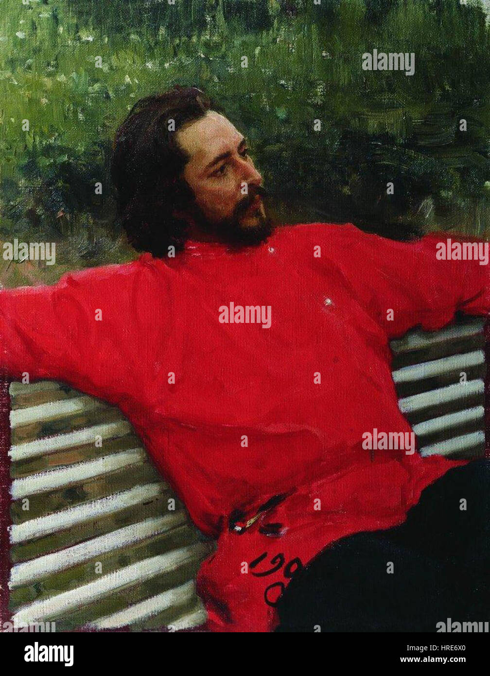 Questo dipinto di Ilya Repin, creato nel 1905, raffigura lo scrittore russo Leonid Andreyev. L'artista cattura l'espressione introspettiva e le complesse emozioni del soggetto, riflettendo il tumulto interiore e la profondità intellettuale dello scrittore. Foto Stock
