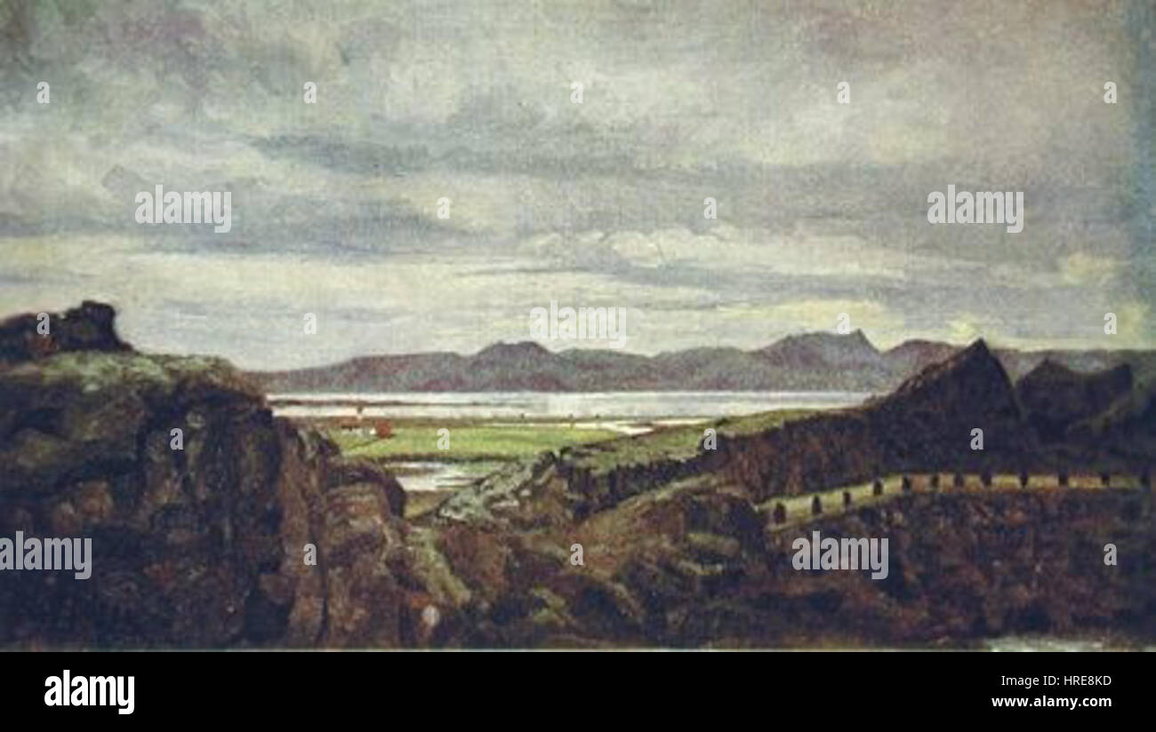 Fra Thingvollum è una figura notevole nell'arte norvegese, nota per i suoi dipinti storici e paesaggistici che riflettono l'essenza culturale della Norvegia del XIX secolo. Le sue opere spesso catturano la bellezza paesaggistica del paese e la vita rurale, mescolando rappresentazioni naturalistiche con le tradizioni locali. Foto Stock