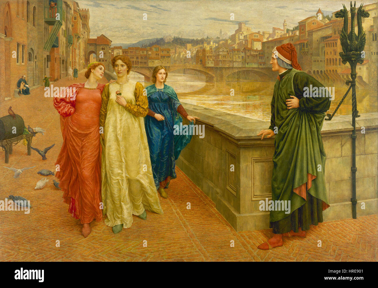 "Dante and Beatrice" di Henry Holiday illustra l'incontro di Dante e Beatrice dalla "Divina Commedia" di Dante Alighieri, catturando il viaggio spirituale e poetico con dettagli intricati. Foto Stock