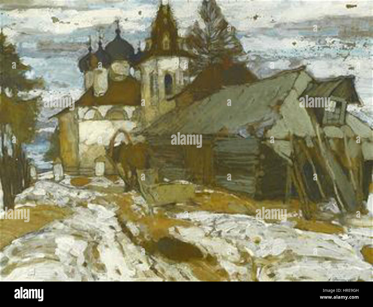 La scena di un villaggio russo in inverno cattura la dura bellezza della vita rurale durante i mesi freddi. Il dipinto ritrae case coperte di neve, paesaggi ghiacciati e figure impegnate in attività invernali, riflettendo l'ambiente duro ma tranquillo. Foto Stock