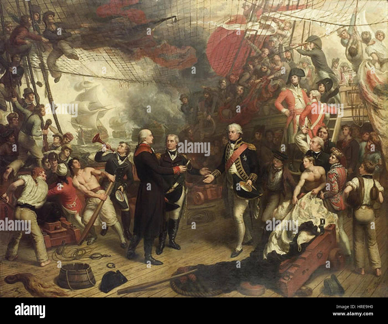 Il dipinto di Samuel Drummond "Battaglia di Camperdown" raffigura la storica battaglia navale tra le flotte britanniche e olandesi nel 1797. Il dipinto cattura l'intensità e il caos della guerra navale durante la fine del XVIII secolo. Foto Stock