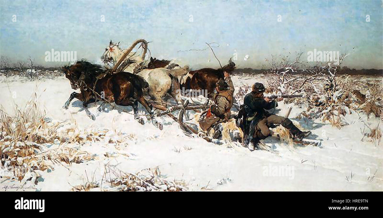 In "Attack by Wolves" di Alfred Wierusz-Kowalski (1880), una scena drammatica si svolge mentre un gruppo di viaggiatori è circondato da lupi in un paesaggio innevato. Il dipinto trasmette tensione e paura, caratteristica dell'attenzione dell'artista alla fauna selvatica e alle dure realtà della natura. Foto Stock
