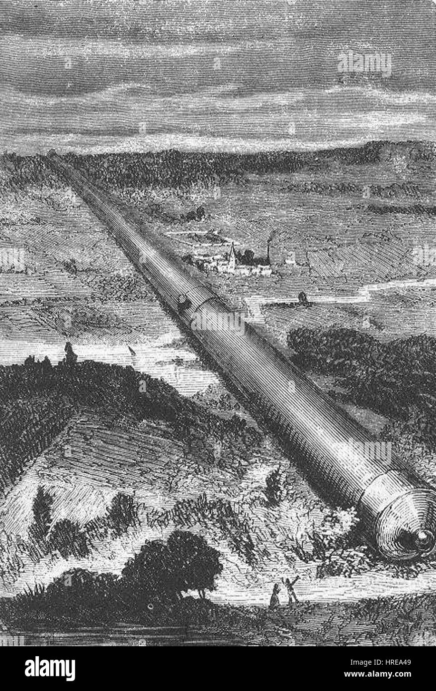 "Dalla Terra alla Luna" di Henri de Montaut è un'illustrazione visionaria che raffigura il fantastico concetto di viaggio nello spazio. Il lavoro è una miscela di immaginazione e di pensiero scientifico iniziale per raggiungere la luna, riflettendo il fascino del XIX secolo per l'esplorazione dello spazio. Foto Stock