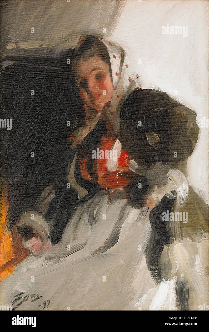 "By the Fireplace" di Anders Zorn (1897) cattura un momento tranquillo e intimo. Il dipinto ritrae una figura seduta da un fuoco caldo, illustrando la maestria di Zorn nel raffigurare la luce, la consistenza e la forma umana in uno stile naturalistico. Foto Stock