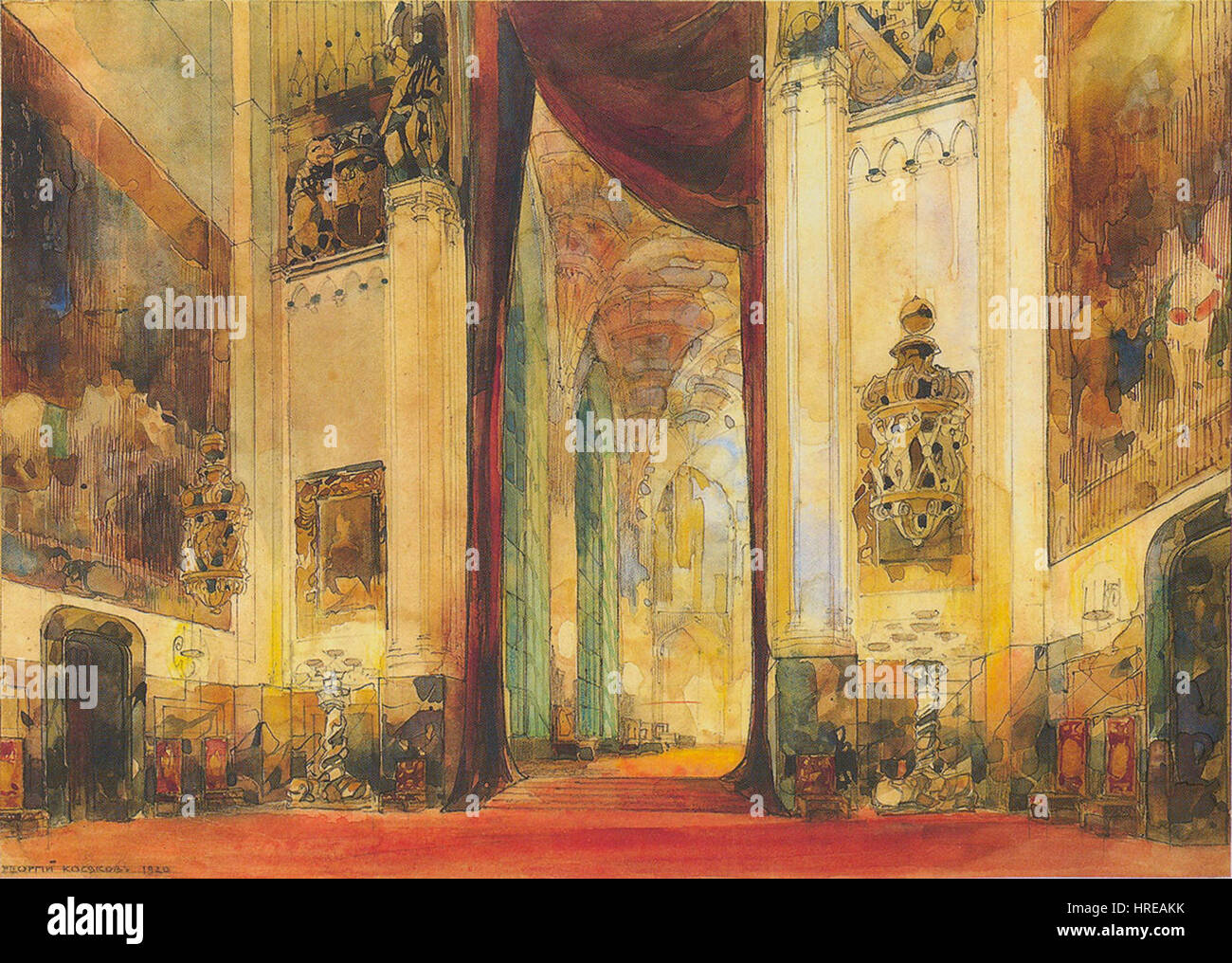 Il dipinto di Georgy Kosyakov della sala nel Palazzo di Westminster presenta una dettagliata vista interna della sede britannica del Parlamento. Il dipinto mostra la grandezza architettonica e il significato storico dell'edificio. Foto Stock