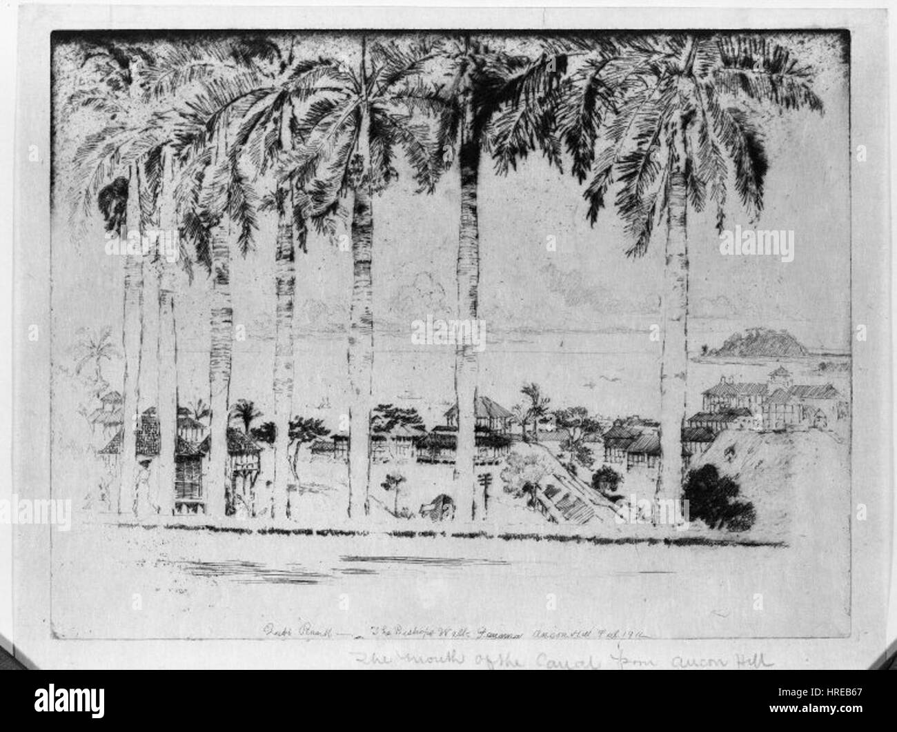 *Bishop's Walk, Ancon Hill Panama* di Joseph Pennell è una litografia che raffigura il paesaggio panoramico di Ancon Hill a Panama. Il pezzo mette in evidenza l'abilità di Pennell nel catturare la bellezza naturale della regione, sottolineando la vista del paesaggio circostante e gli elementi architettonici della passeggiata del vescovo. Foto Stock