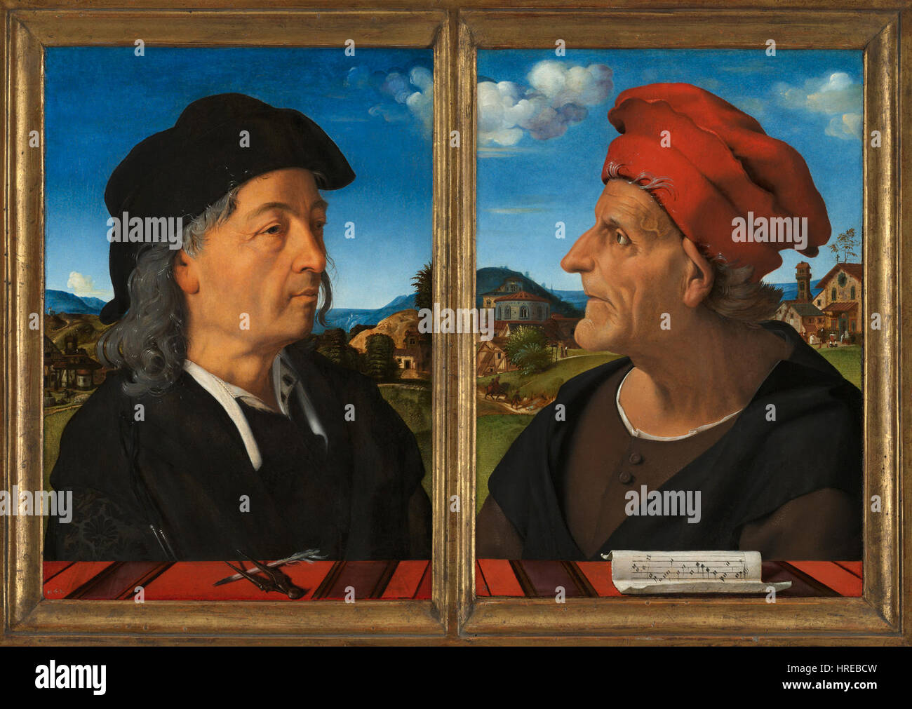 Questo dipinto presenta i ritratti di Giuliano e Francesco Giamberti da Sangallo, rinomati architetti del Rinascimento italiano. Il lavoro si concentra sulle loro caratteristiche facciali e sullo sfondo architettonico. Foto Stock