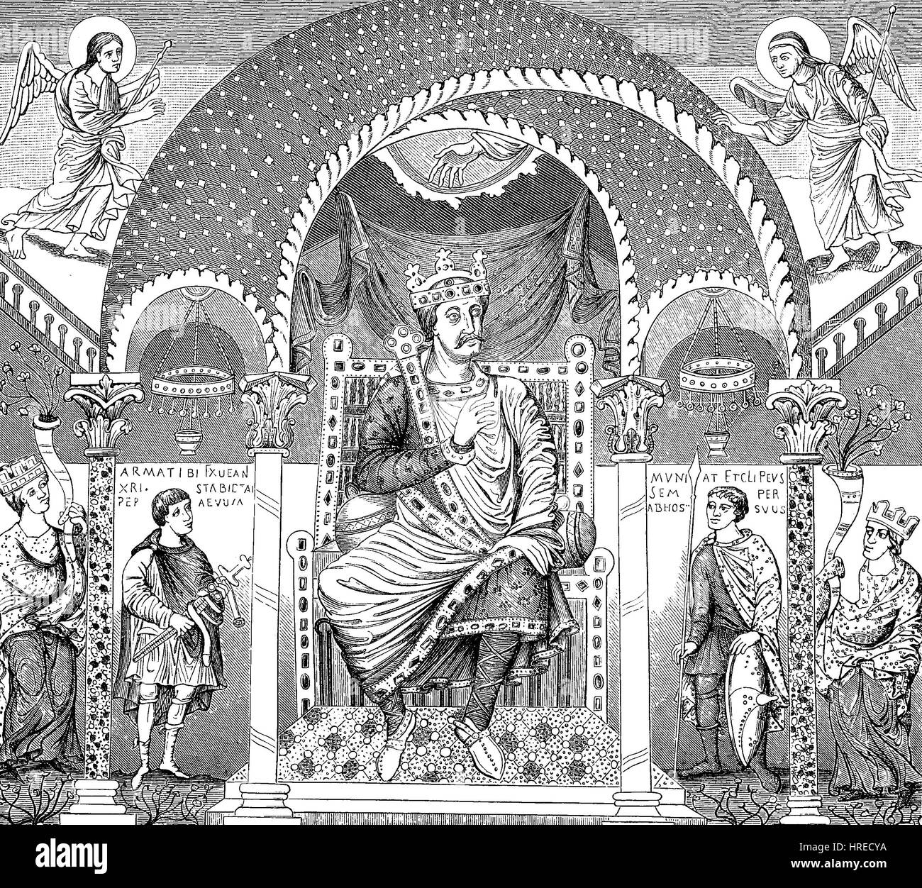 Carlo il Calvo, dedizione immagine nel Codex aureus da St Emmeram a Regensburg, Germania, riproduzione di una xilografia dal xix secolo, 1885 Foto Stock