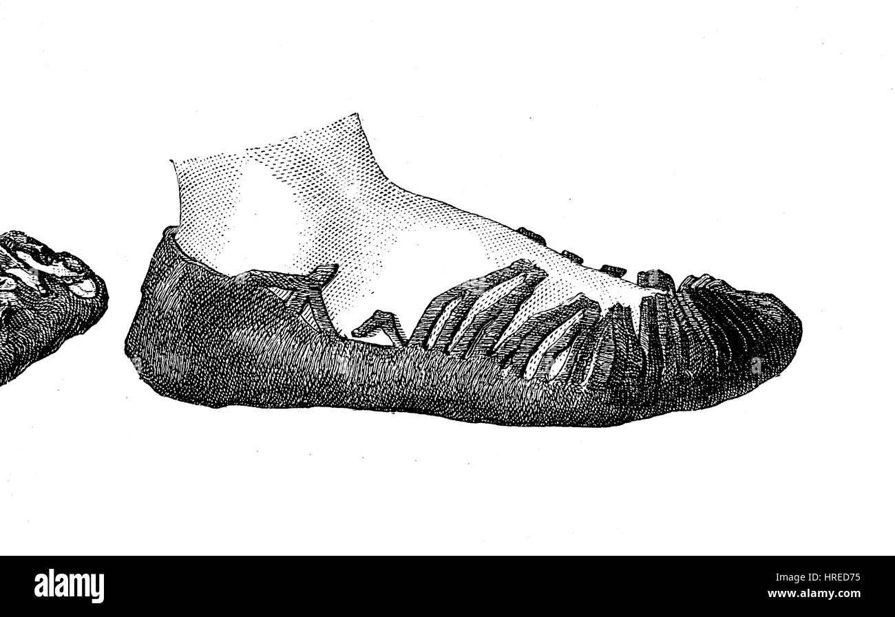 Scarpa da un pezzo di pelle, cultura in epoca di periodo di migrazione è stato un tempo di migrazioni diffusa entro o in Europa verso la metà del primo millennio AD, la Germania, la riproduzione di una xilografia dal xix secolo, 1885 Foto Stock