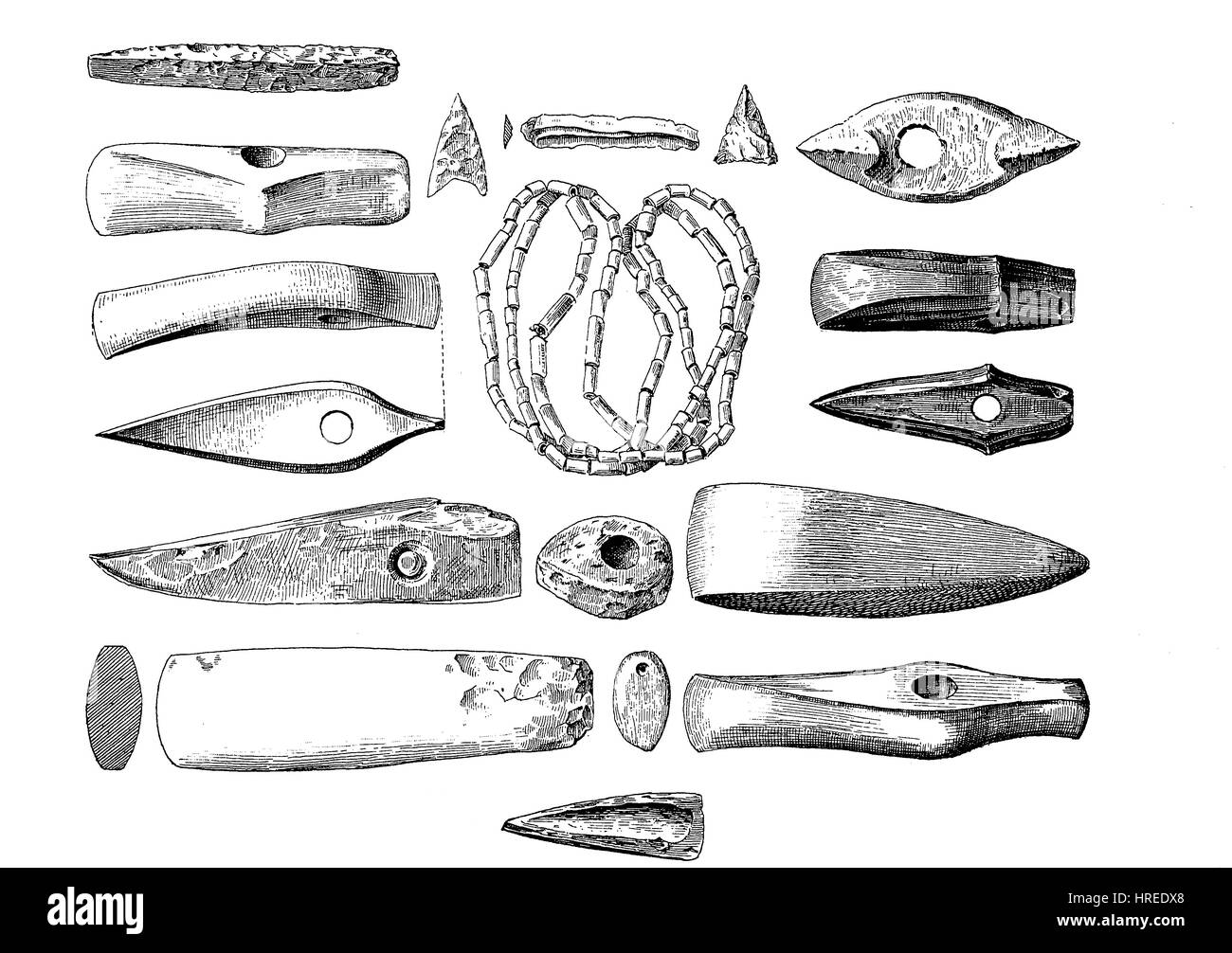 Armi, gioielli e gli utensili dall'età della pietra, Germania, riproduzione di una xilografia dal xix secolo, 1885 Foto Stock