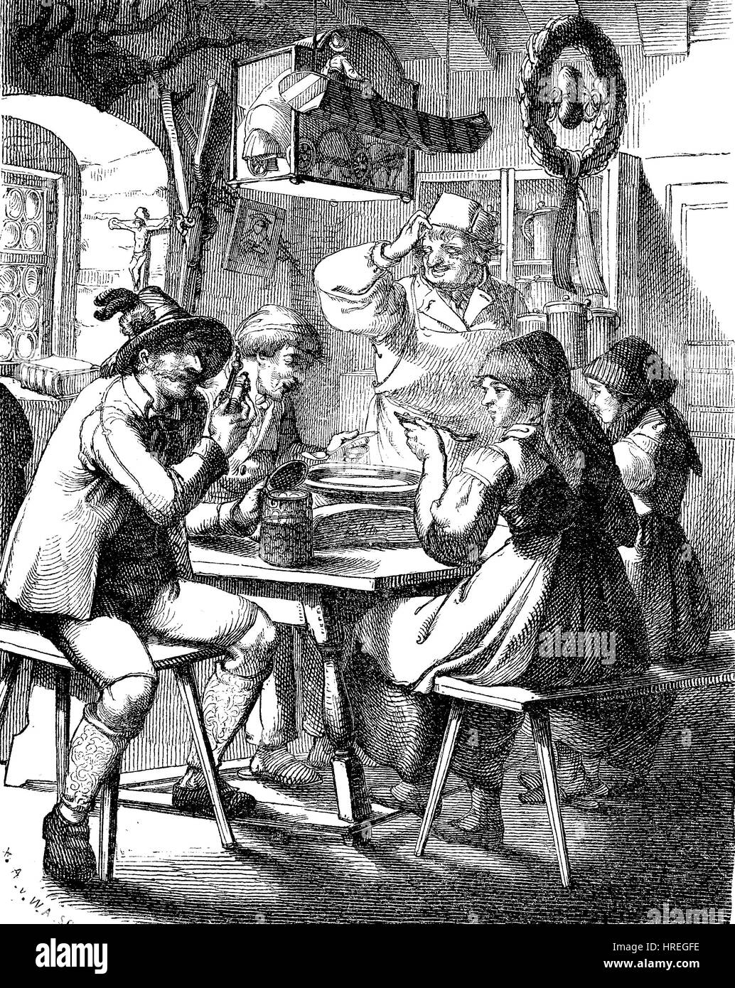 Persone mangiare in una locanda bavarese nel Hochland, Highlands della Baviera, Germania, riproduzione di una xilografia dal xix secolo, 1885 Foto Stock