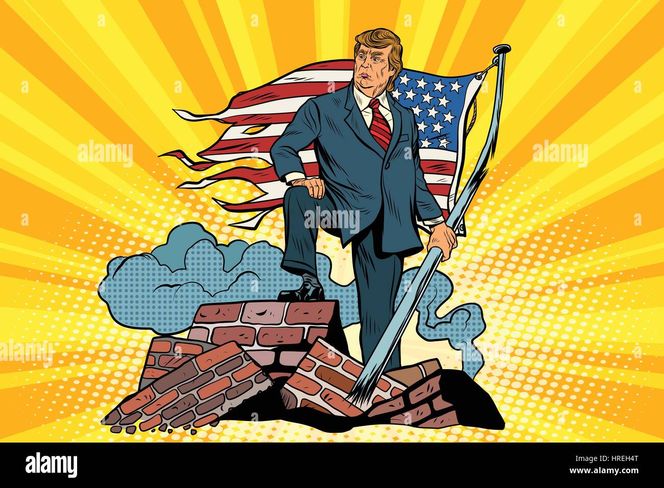 Presidente Donald Trump con bandiera degli Stati Uniti sulle rovine. Fumetto vintage pop art in stile retrò illustrazione vettore Illustrazione Vettoriale