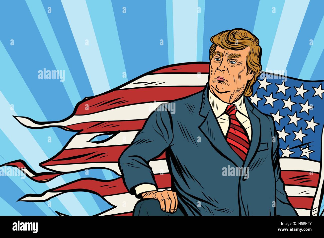Presidente Donald Trump con bandiera degli Stati Uniti, campo di battaglia. Fumetto vintage pop art in stile retrò illustrazione vettore Illustrazione Vettoriale