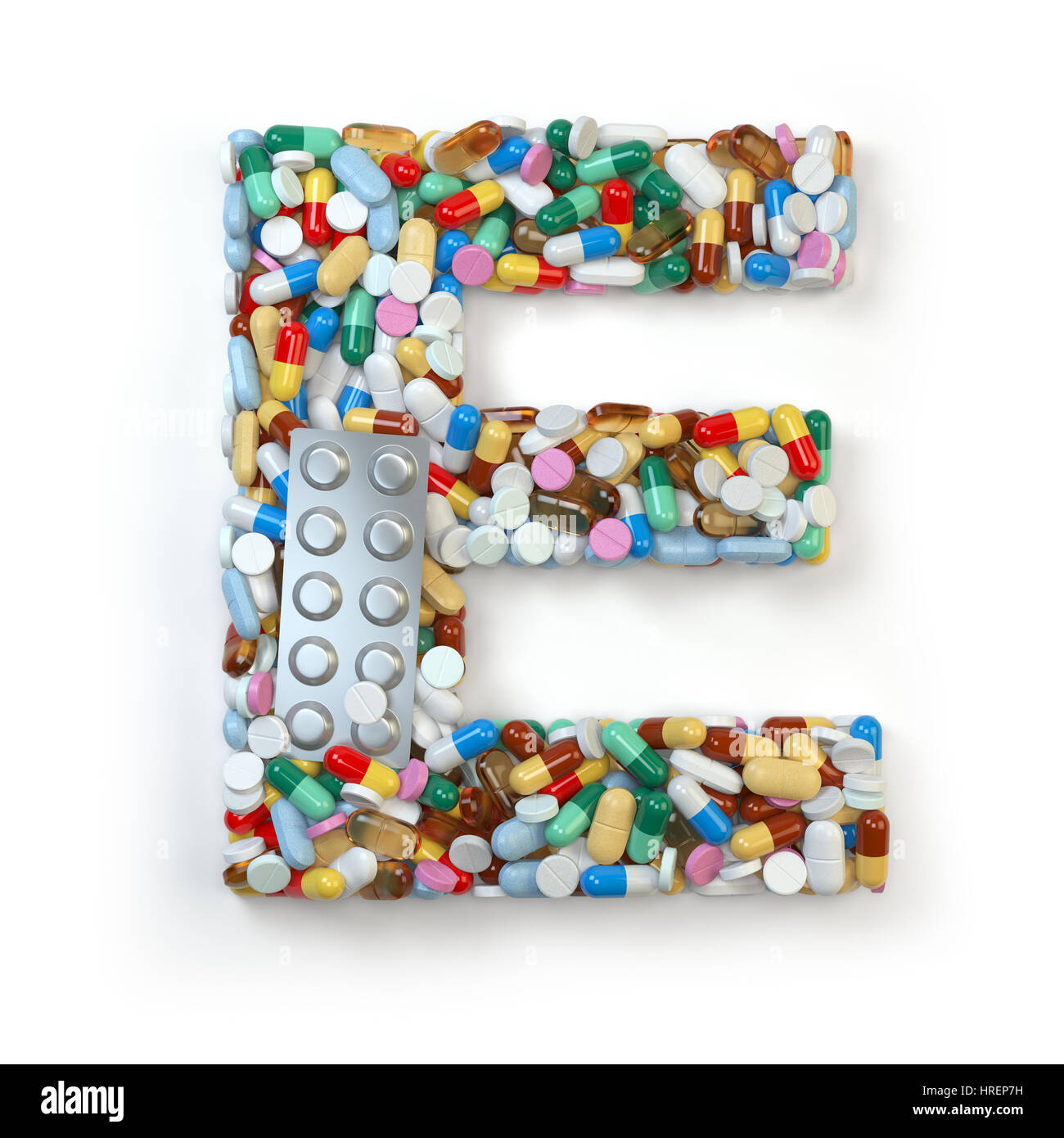 Lettera E. Set di alfabeto di medicina pillole, capsule, compresse e blister isolato su bianco. 3d illustrazione Foto Stock