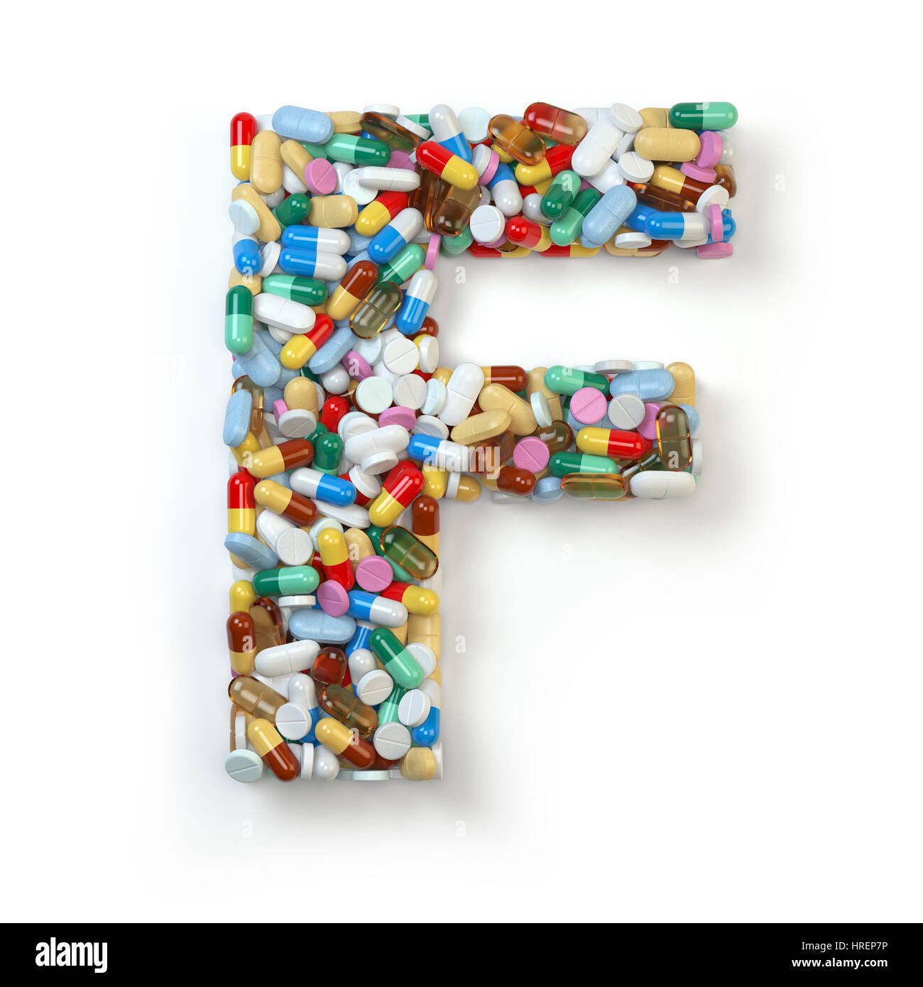 Lettera F. Set di alfabeto di medicina pillole, capsule, compresse e blister isolato su bianco. 3d illustrazione Foto Stock