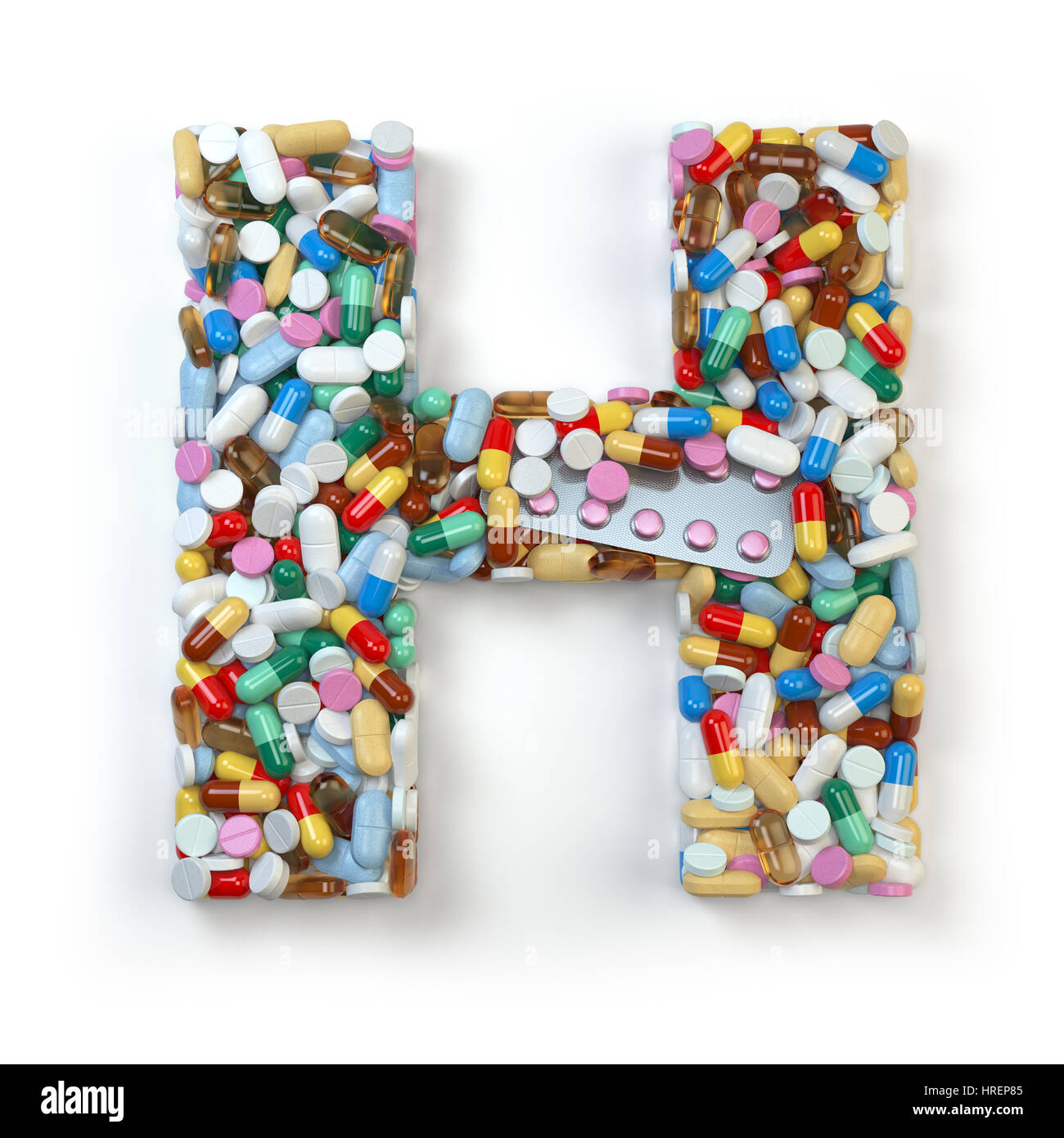 Lettera H. Set di alfabeto di medicina pillole, capsule, compresse e blister isolato su bianco. 3d illustrazione Foto Stock