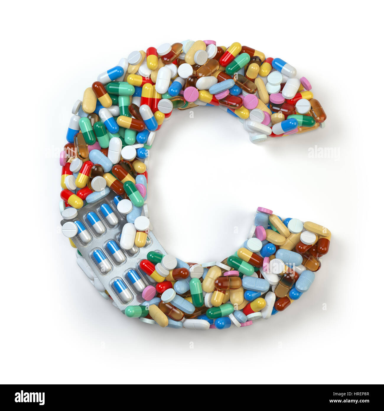 Lettera C. Set di alfabeto di medicina pillole, capsule, compresse e blister isolato su bianco. 3d illustrazione Foto Stock