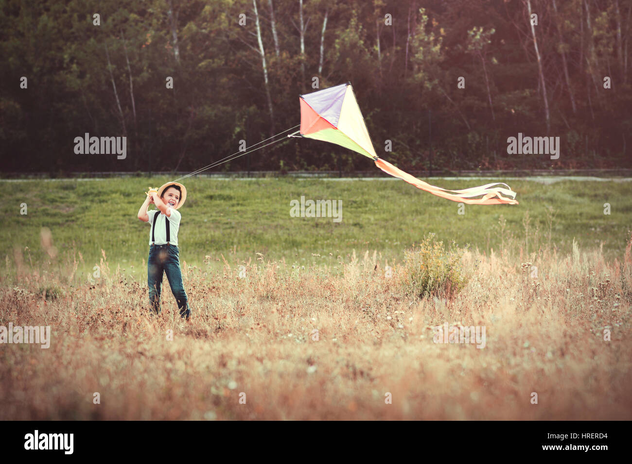 Ragazzo con kite. Bambino aquilone volante sulla natura Foto Stock