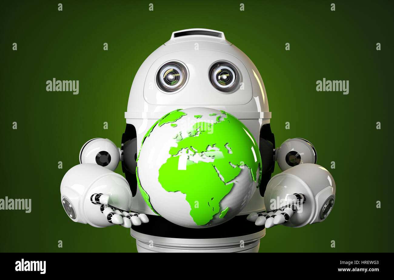 Robot detiene il globo terrestre. Concetto di tecnologia Foto Stock