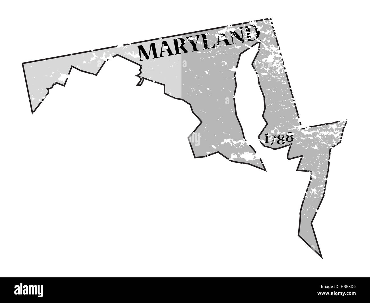 Un grunged Maryland stato delineare con la data di statualità isolato su uno sfondo bianco Foto Stock