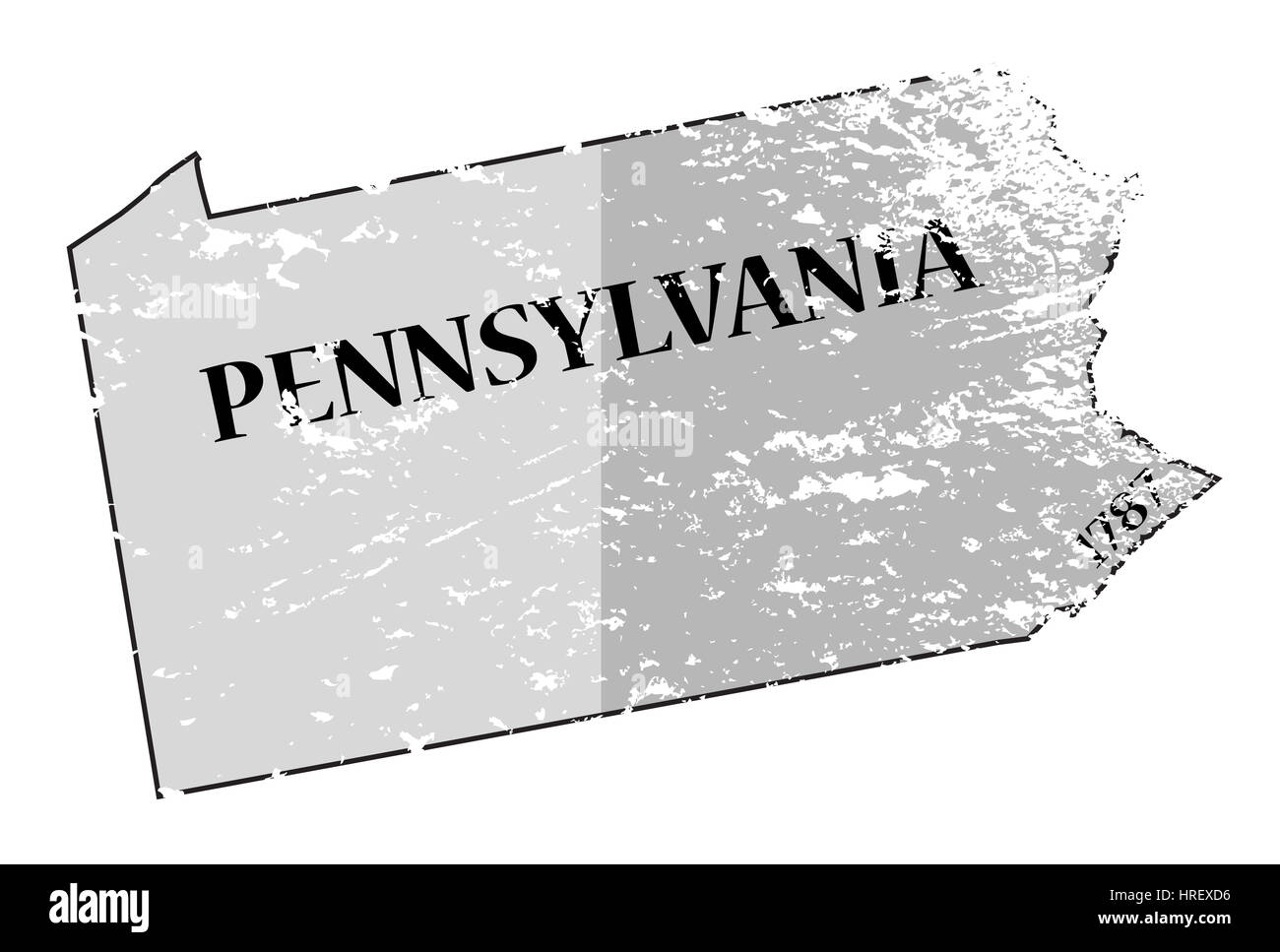 Un grunged Pennsylvania State delineare con la data di statualità isolato su uno sfondo bianco Foto Stock