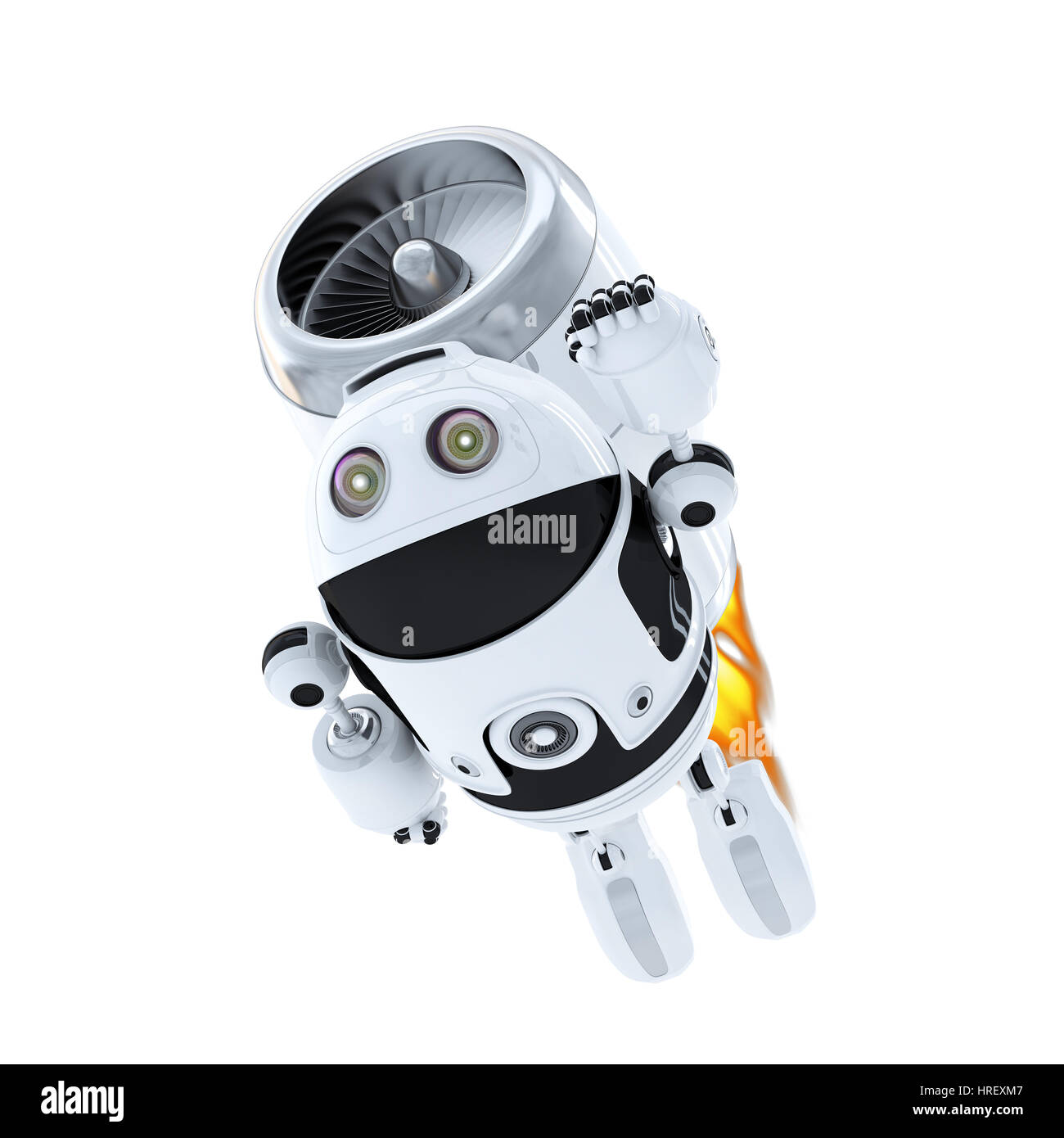 Androide robot battenti con jet pack. Concetto di supereroi Foto Stock