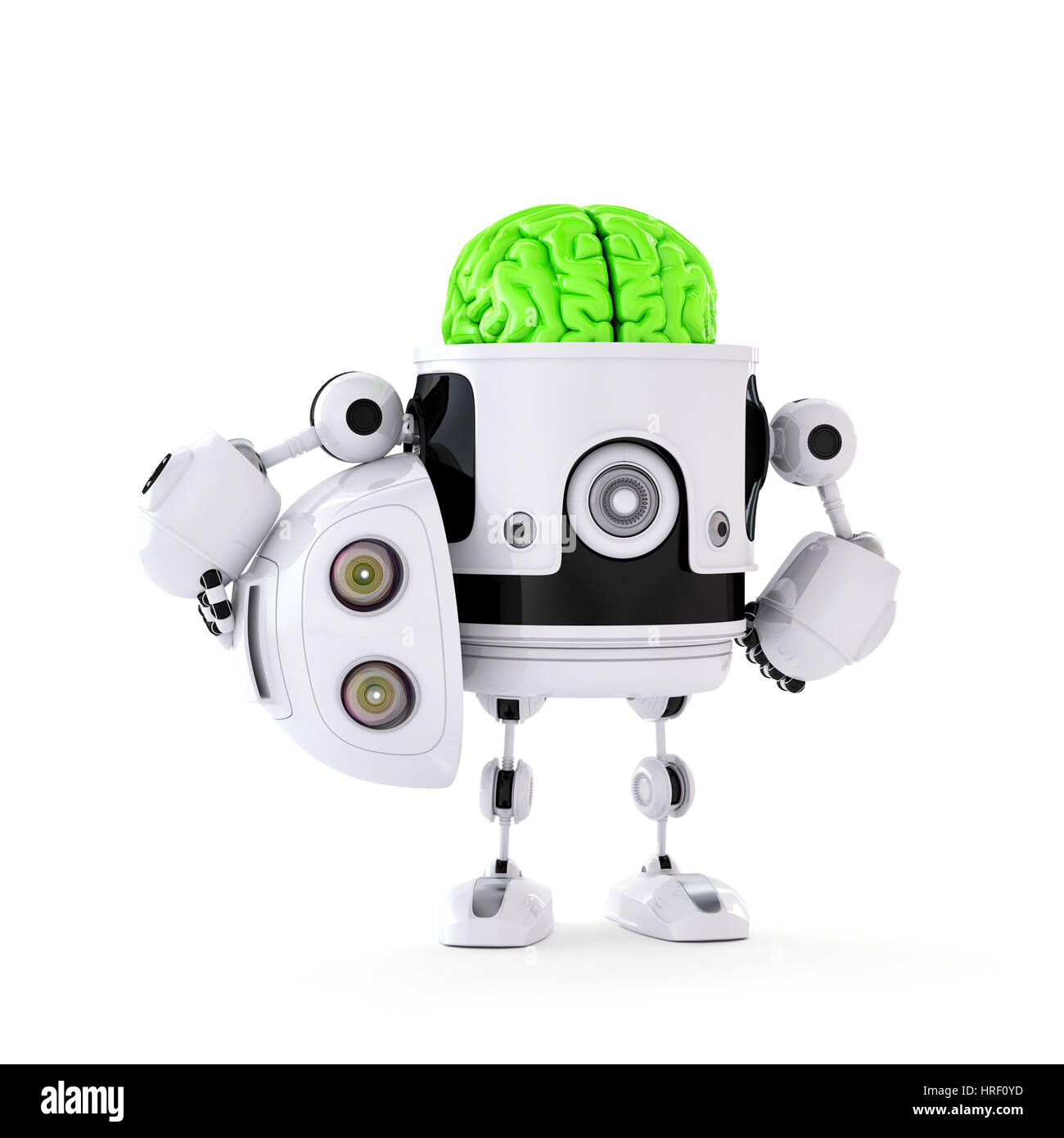 Androide Robot con enorme cervello verde. Intelligenza artificiale concetto. Isolato su sfondo bianco Foto Stock