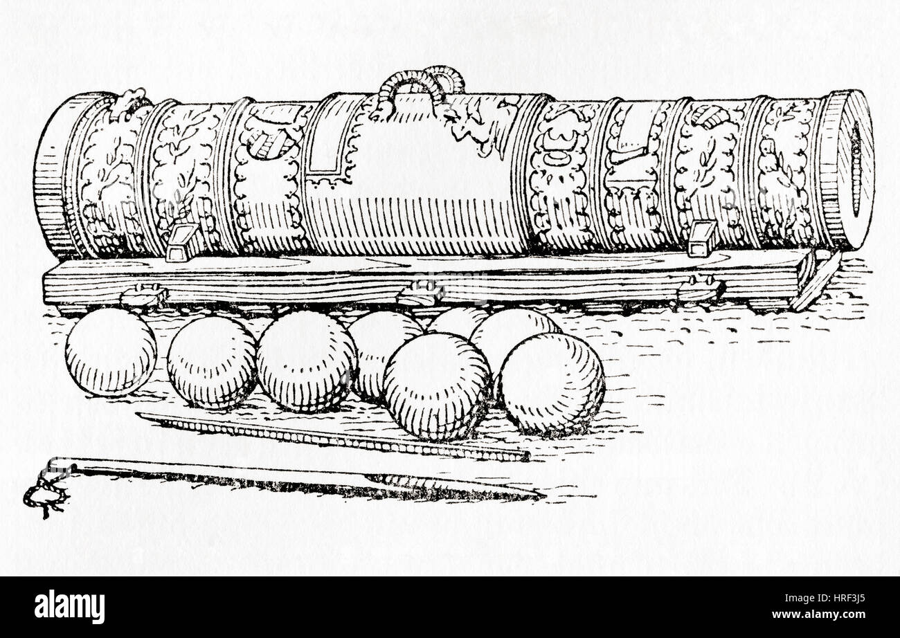 Del xv secolo ha un cannone a mano con le palle di cannone. Da Meyers lessico, pubblicato nel 1927. Foto Stock