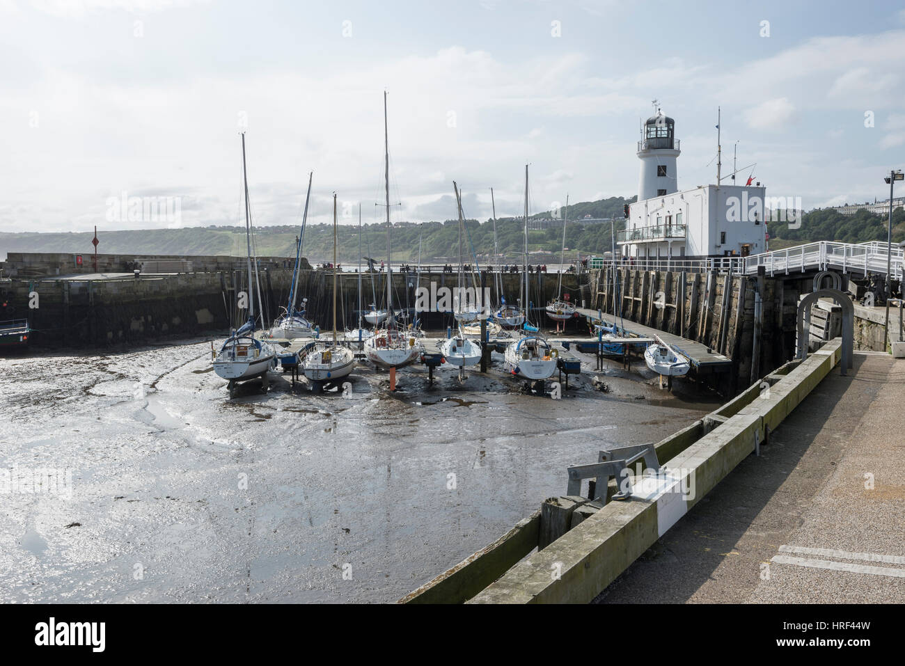 Bella giornata al porto di Scarbrough in questa famosa località balneare sulla costa nordorientale dell'Inghilterra. Foto Stock