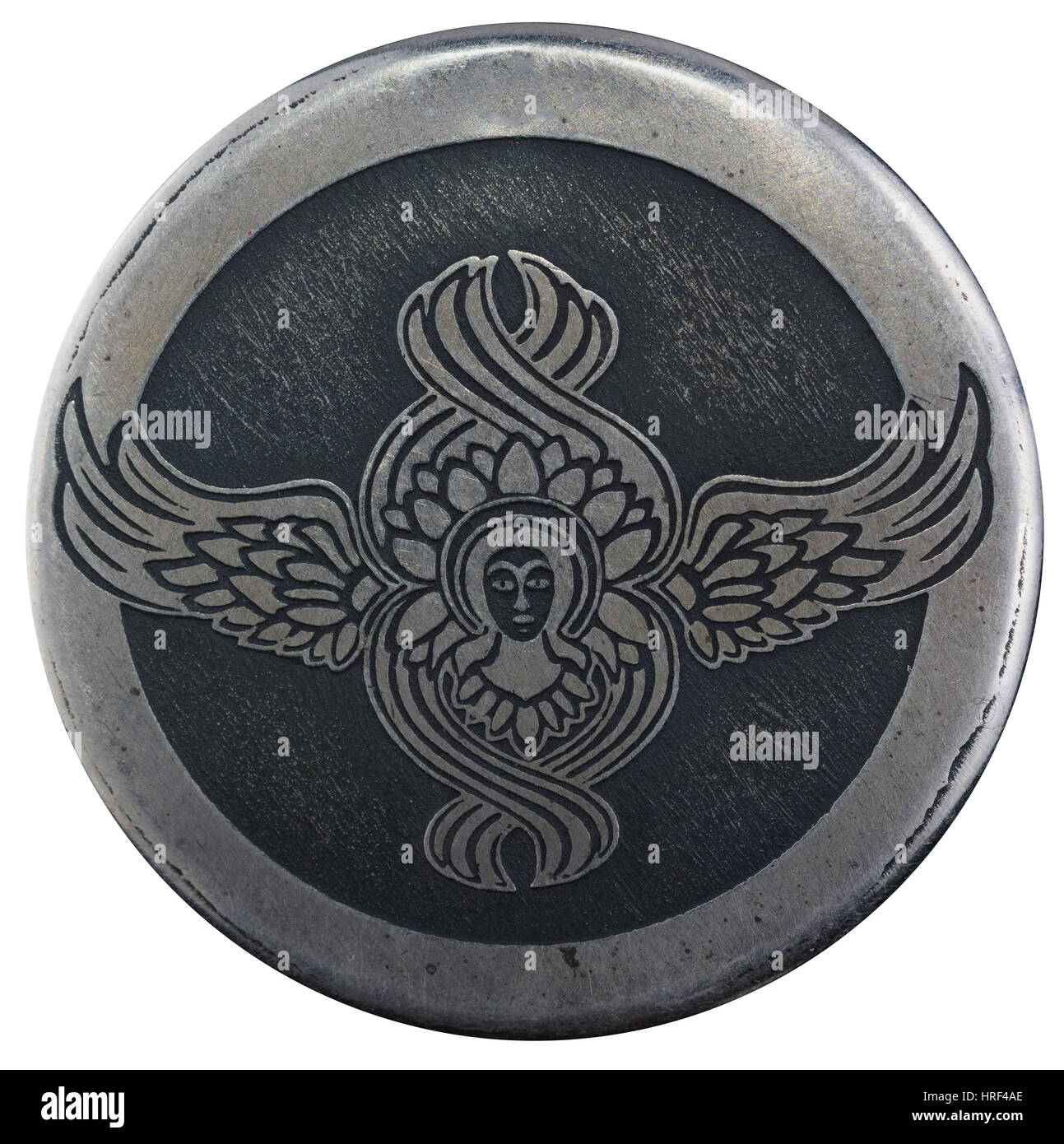 Angelo simbolo su un ciondolo d'argento, cerchio colore argento Foto Stock