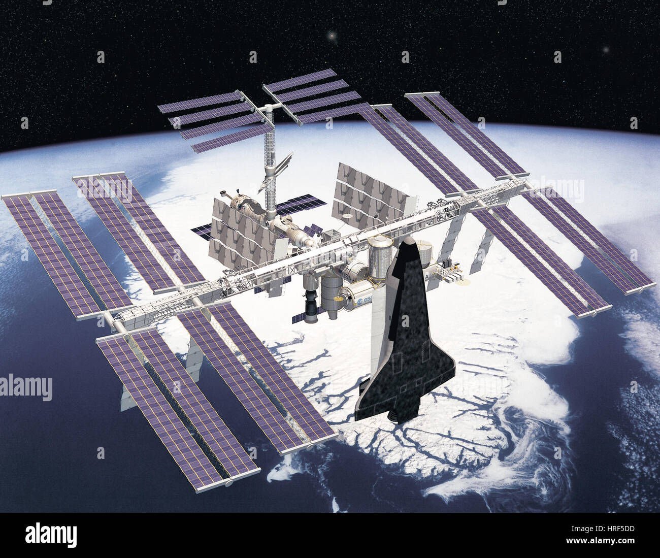 Space Shuttle attraccato alla stazione spaziale Foto Stock
