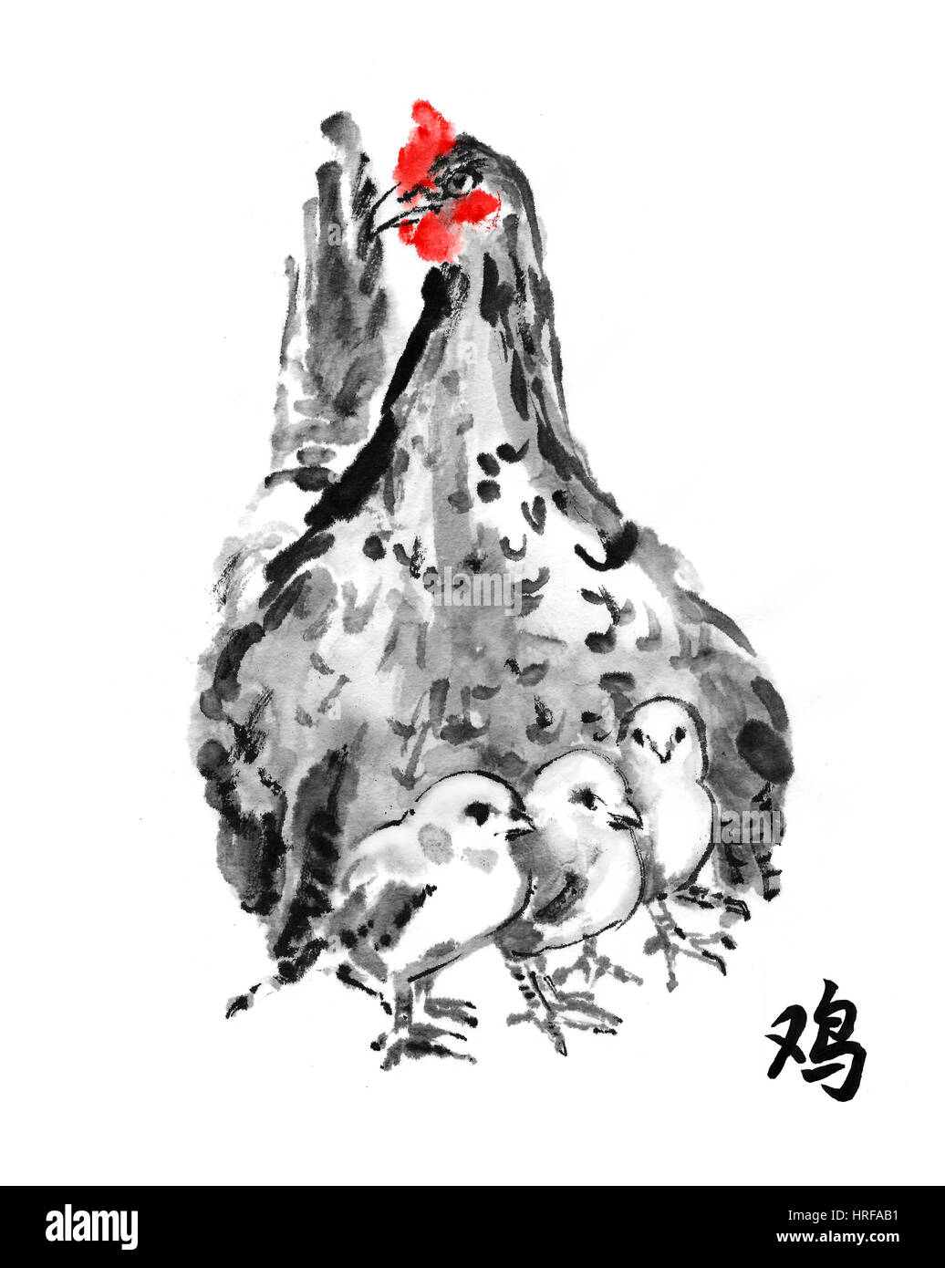 Chioccia con pulcini, inchiostro orientali pittura con hieroglyph "gallo". Sumi-e illustrazione isolati su sfondo bianco. Simbolo del capodanno cinese y Foto Stock