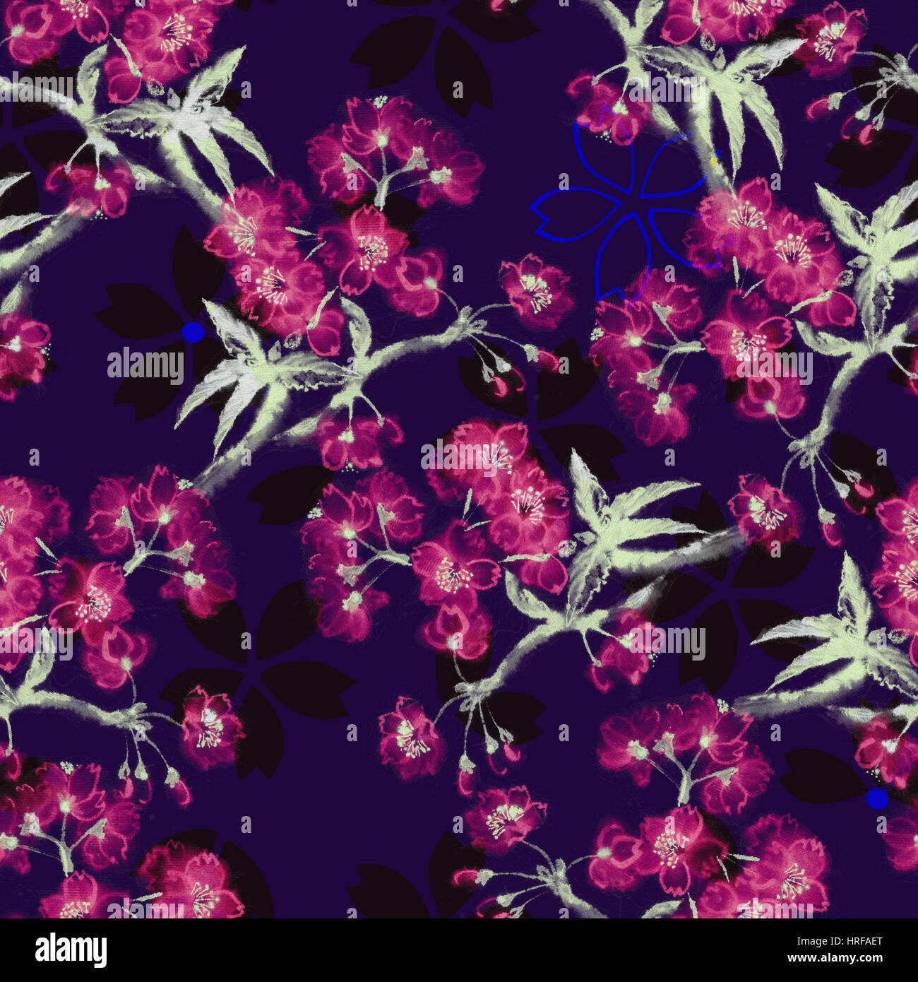 Sfondo senza soluzione di continuità con i rami dei ciliegi orientali della pittura di inchiostro, sumi-e stile etnico sul modello di Sakura, toni di lilla. Foto Stock