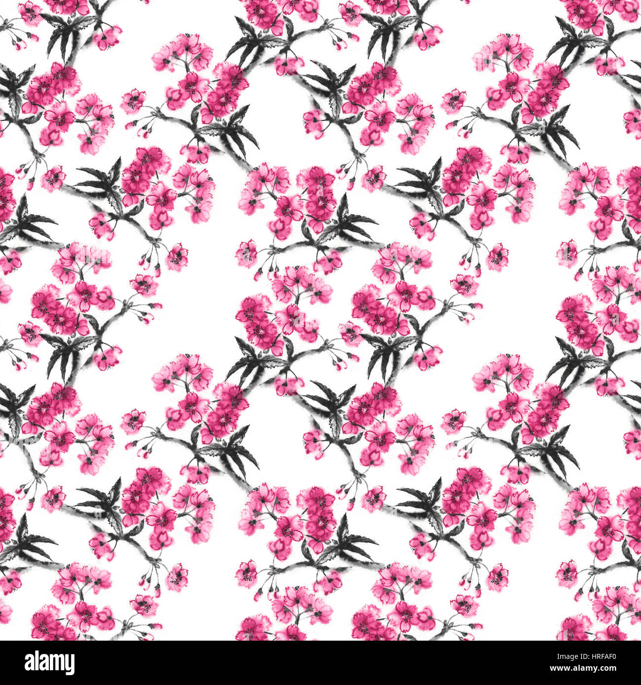 Rami di fiori di ciliegio, sfondo senza giunture, orientali fatti a mano di pittura di inchiostro, sumi-e stile pattern sakura. Foto Stock