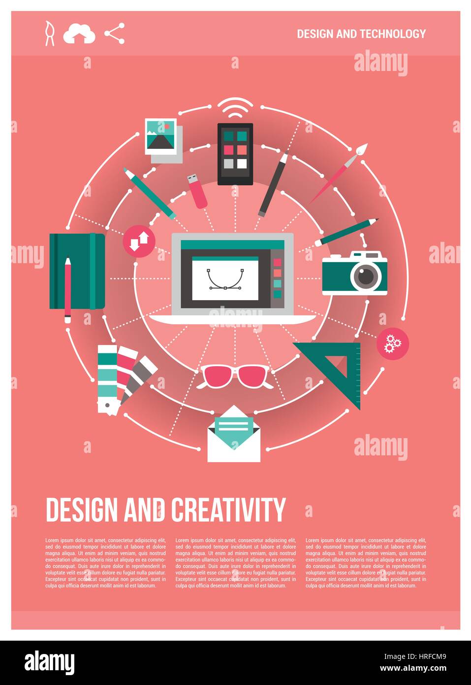 Design, creatività e tecnologia poster: laptop, graphic designer gli strumenti di lavoro e le icone che collega tra di loro Illustrazione Vettoriale